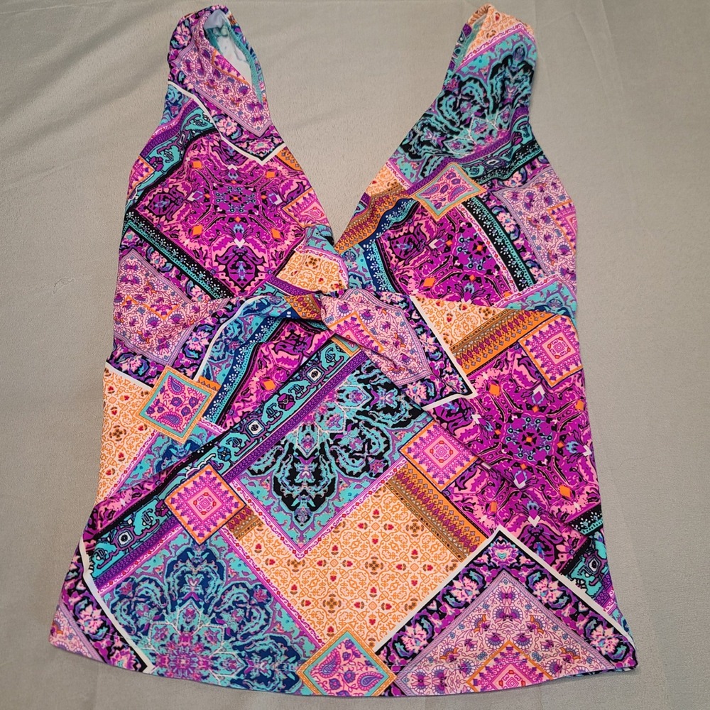 Raya Sun Tankini Top Womens 6 Multicolor Boho Patchwork Twist Front Padded Swim